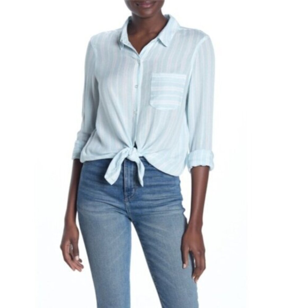 Abound Striped Shirt Tie Front Long Sleeve Weekend Button Down Blouse SZ XS New